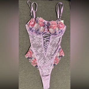 Victoria secret Floral Embroidery Wicked Unlined Lace-Up Teddy in purple